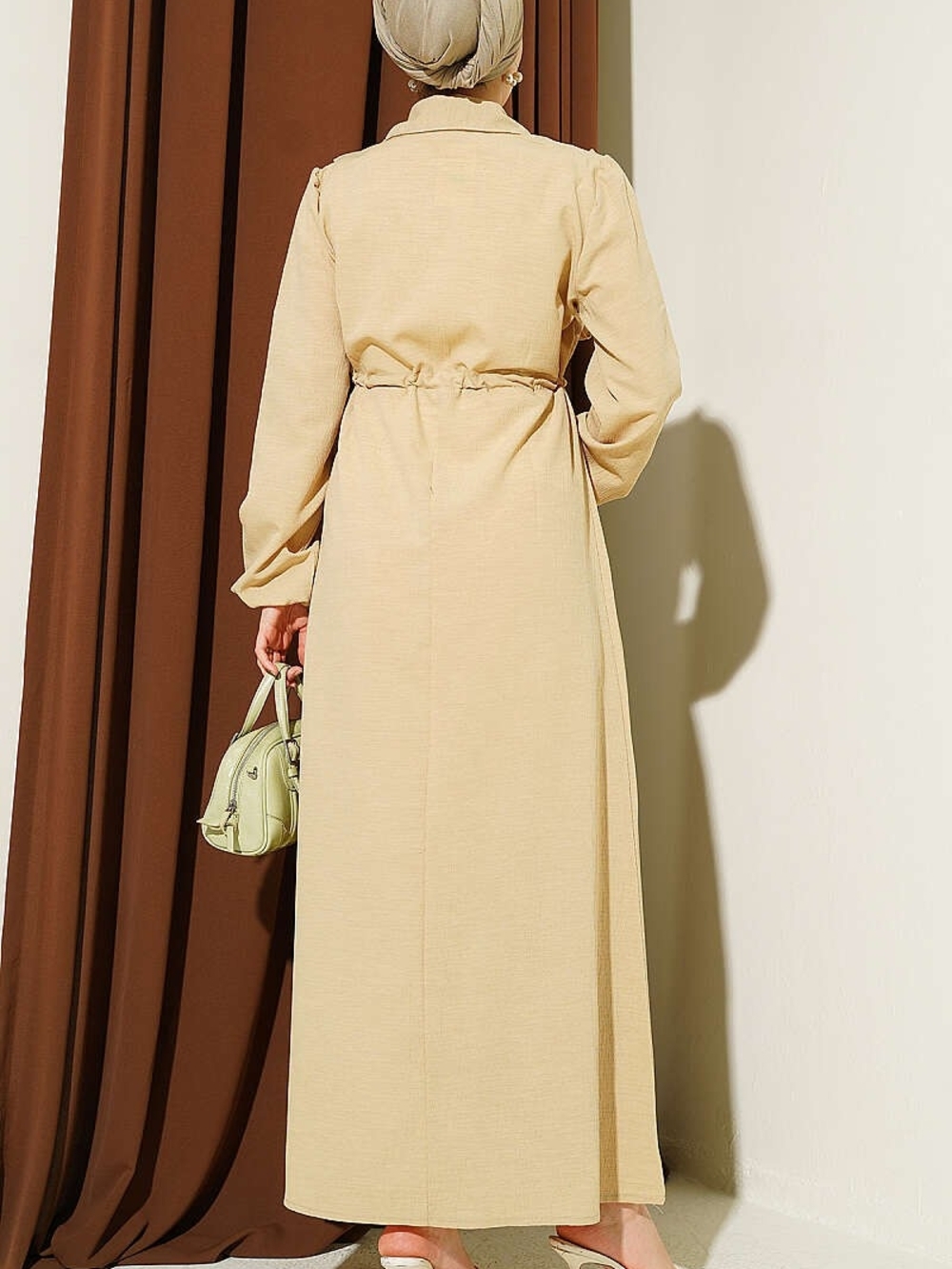 Modest Beige Ruffle-Trim Zip-Front Maxi Dress - Picture 4 of 5
